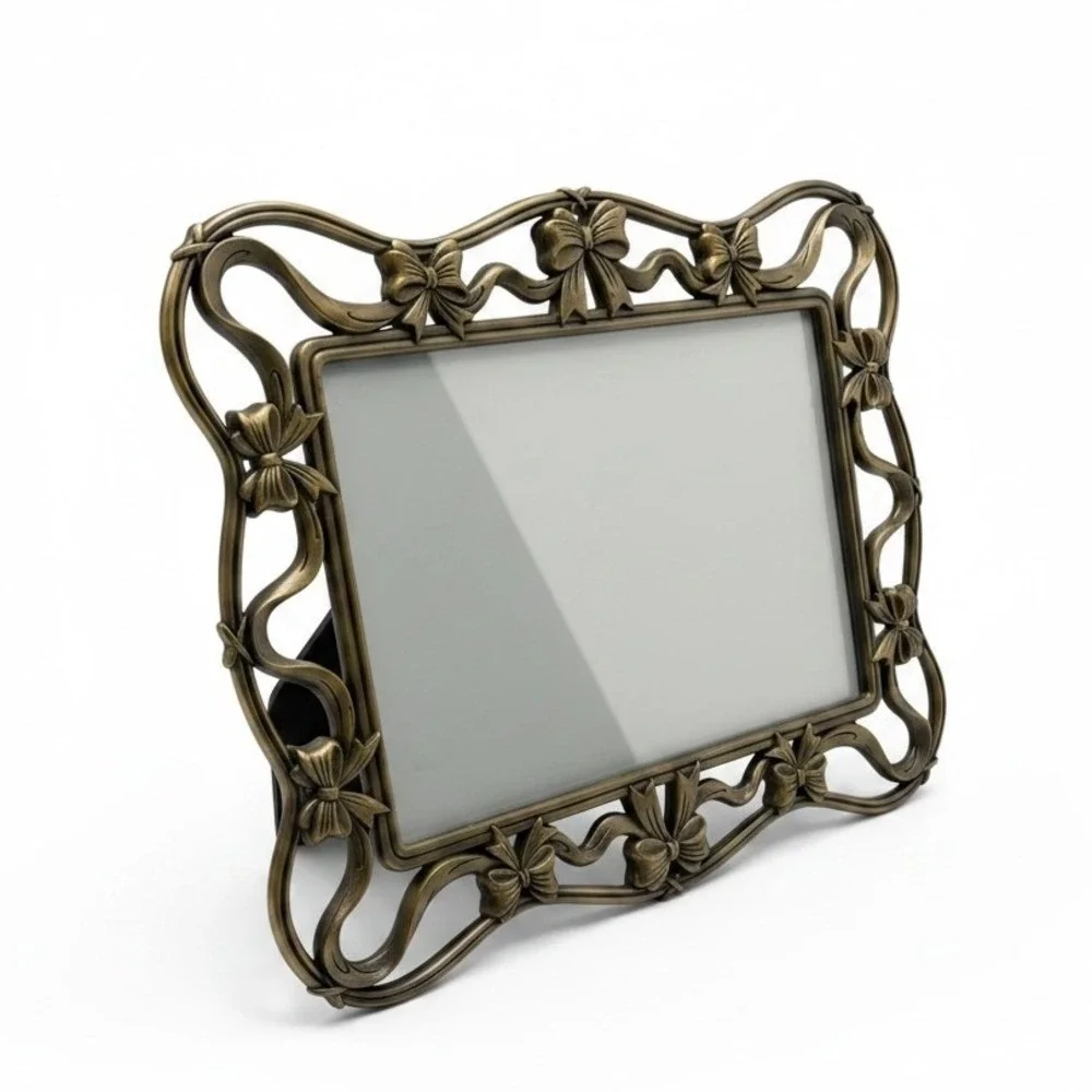 Vintage Antique Brass Ribbon & Bow Openwork Picture Frame 5x7 Coquette Romantic